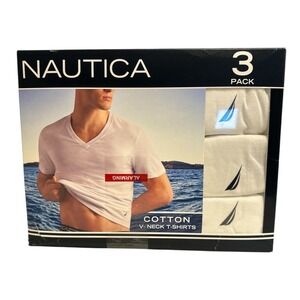 NEW NAUTICA Men's MEDIUM Pack of 3 White Tagless V-Neck T-Shirts Fashion Comfort